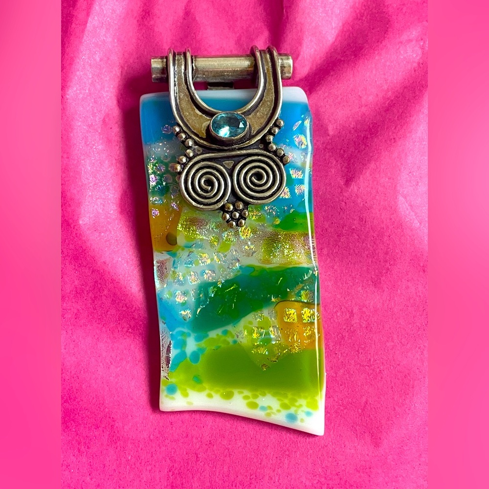 Large Artisan Colorful Murano Glass Pendant with Silver Accents and Blue Topaz